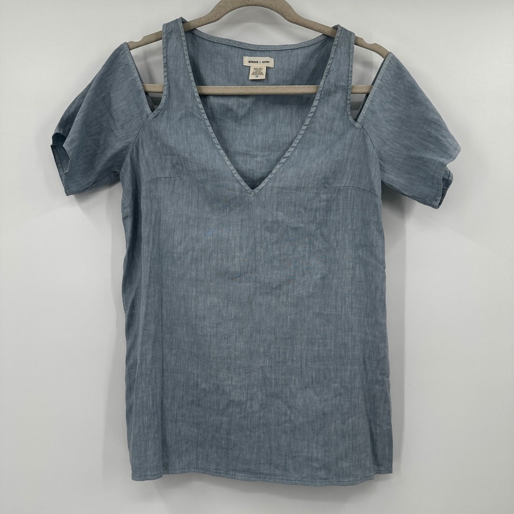 Silence Noise Blue Chambray‎ Cold Shoulder V Neck Linen Blend Tunic Top Medium